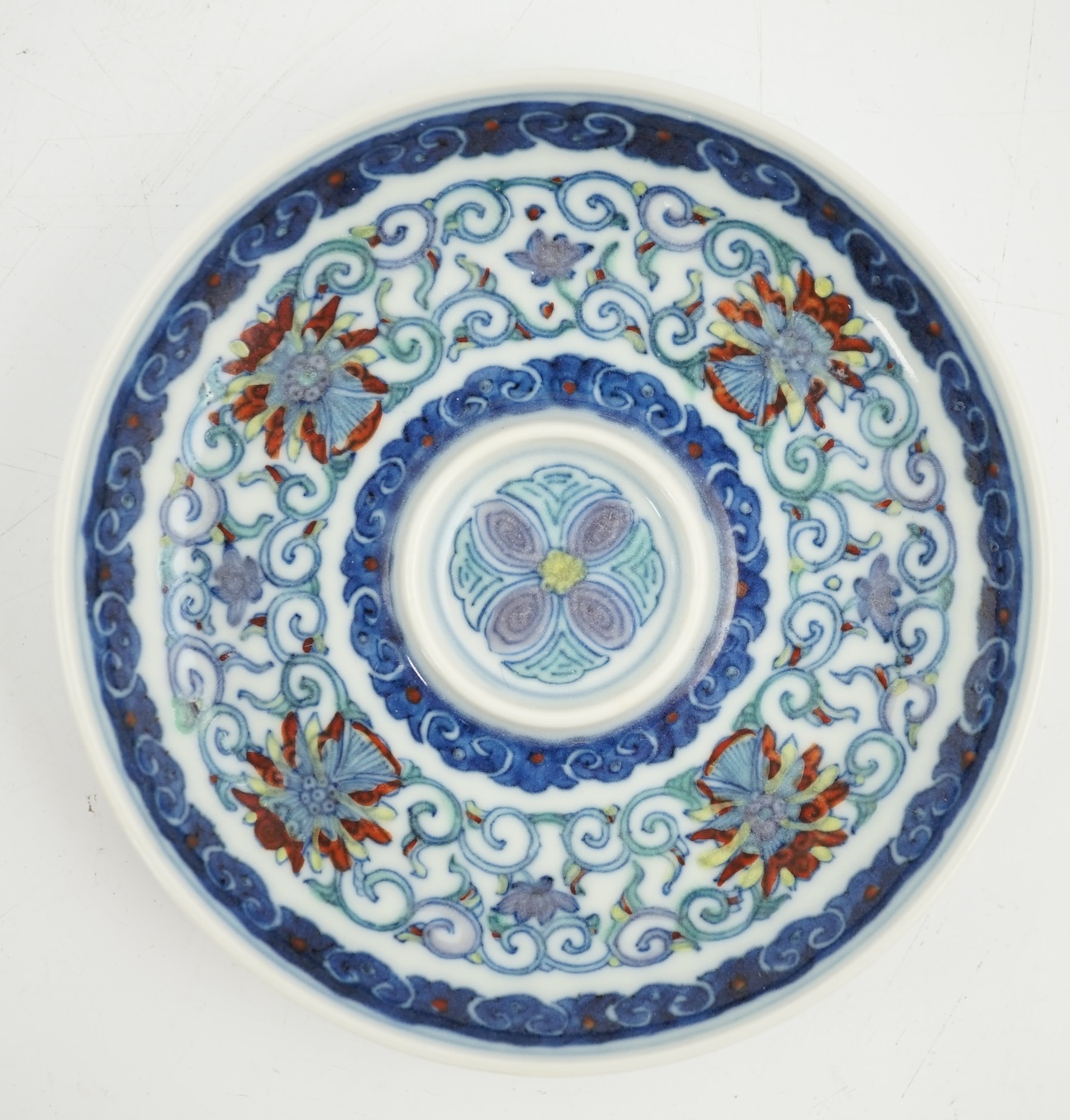 A Chinese doucai cup stand, Qianlong mark but Republic period, 10.5cm in diameter
